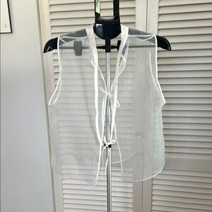 Cream Sheer Sleeveless Blouse with Tie Front